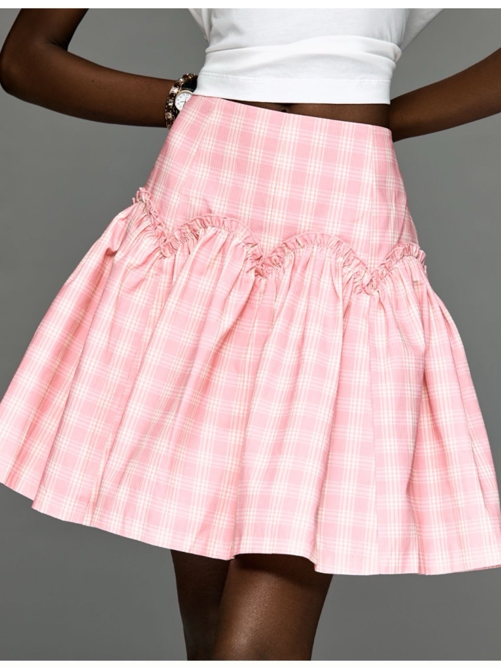 NWT Anthropologie Mare Mare Basque-Waist Pink Plaid Mini Skirt, S